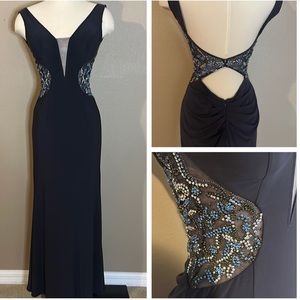 JOVANI Navy Plunging Neckline Gown with Gorgeous Rhinestone Detailing Size 2